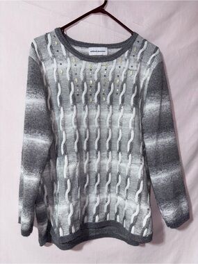 Alfred Dunner Gray and White Cable Knit Crewneck Sweater with Bead Detail